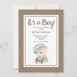 Det är en pojk Tan Polka Dot Nalle Baby Shower Inbjudningar