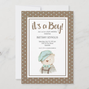Det är en pojk Tan Polka Dot Nalle Baby Shower Inbjudningar
