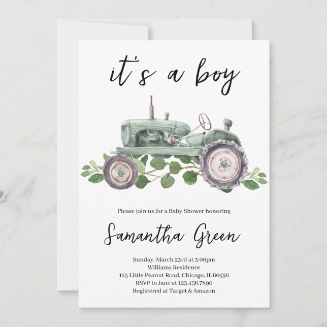 Det är en pojk-Tractor Baby Shower Inbjudningar (Framsida)