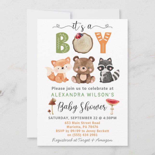 Det är en pojk, Woodland Animals Baby Shower-inbju Inbjudningar (Framsida)
