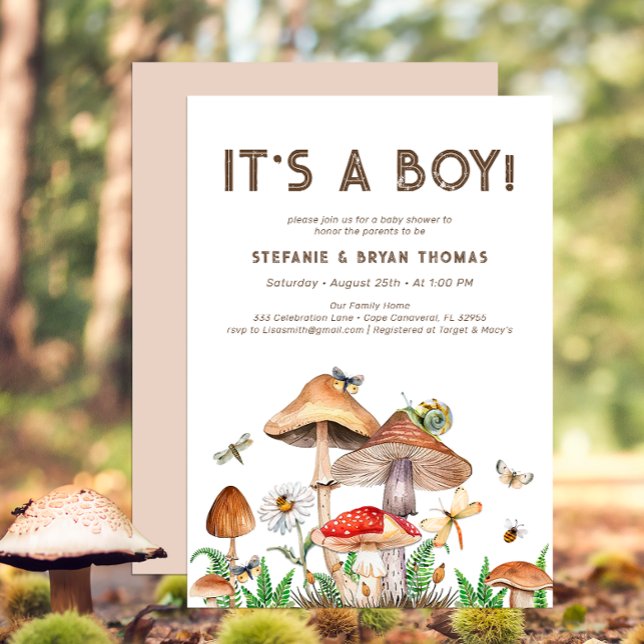 Det är en pojkbabyinbjudan. | Whimsical Mush Inbjudningar (It's A Boy Mushroom Baby Shower Invite)