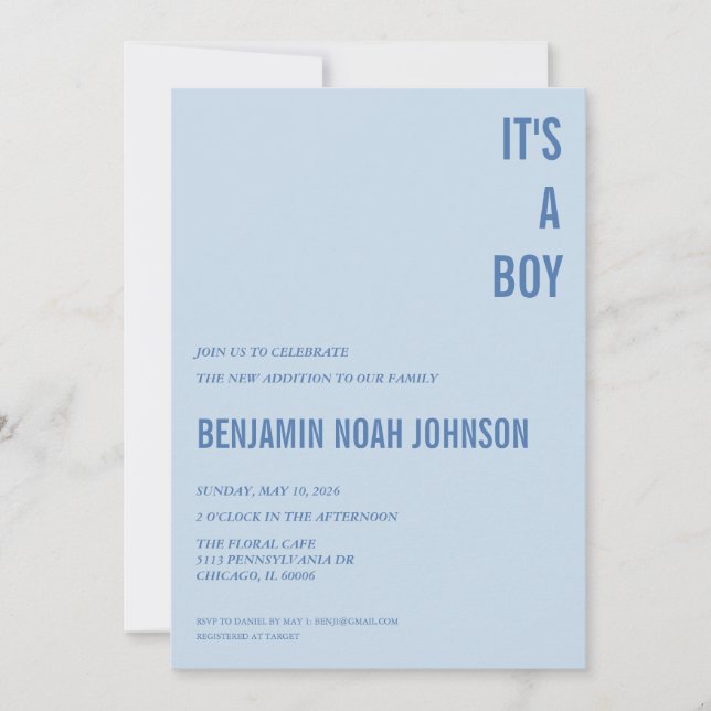 Det är en POJKBebis Babyshower Inbjudan (Framsida)