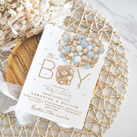 Det är en pojkbjörn, blå ballonga, hjärt-babyskor