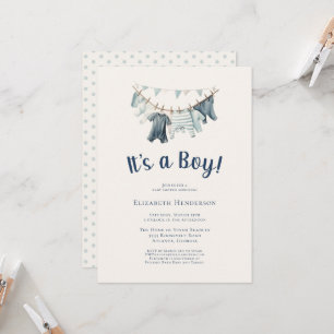 Det är en pojkblå clothesline Baby Shower Inbjudningar