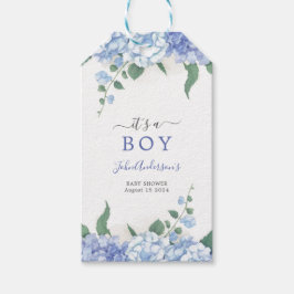 Det är en pojkblå Hydrangea Botanical Baby Shower Presentetikett