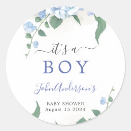 Det är en pojkblå Hydrangea Botanical Baby Shower Runt Klistermärke