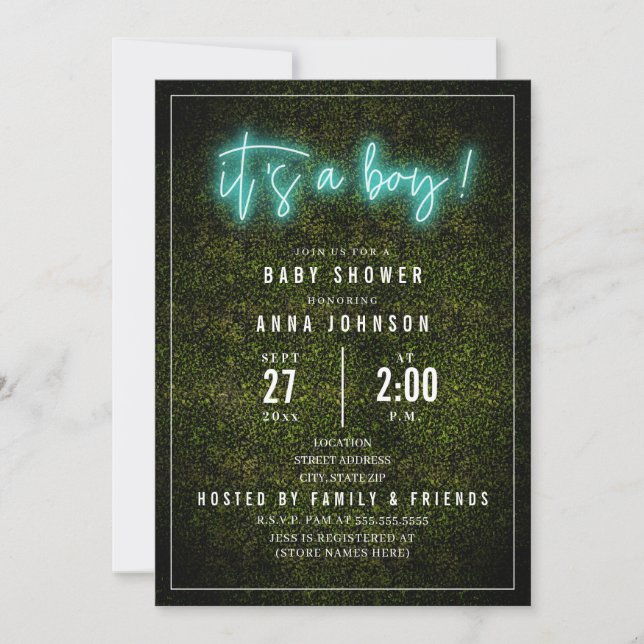 Det är en pojkblå nyon Boxwood Baby Shower Inbjudningar (Framsida)