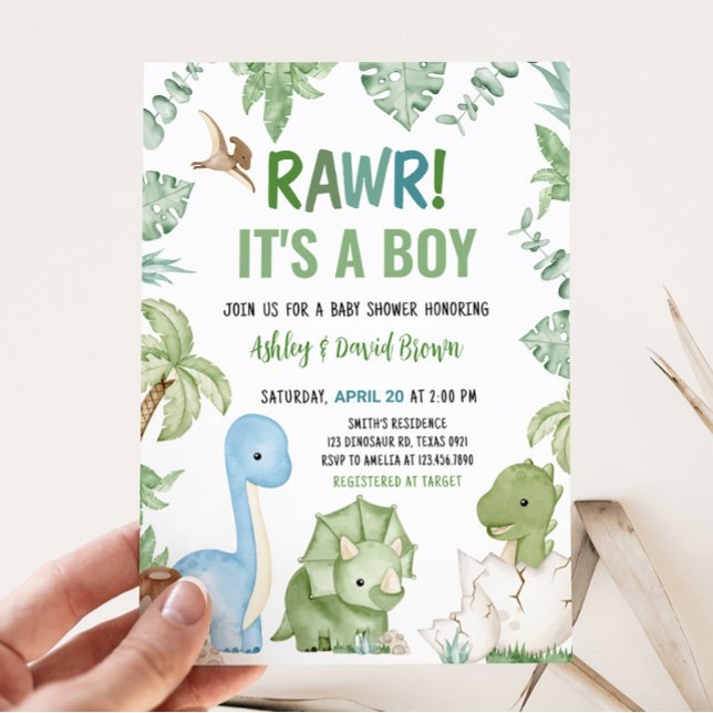 Det är en pojkdoftosaur-babyskor inbjudningar (Greenery Boy Dinosaur Baby Shower Invitation)