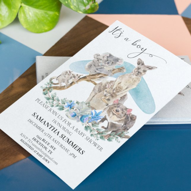 Det är en pojke Australian Animal Baby Shower Blue Inbjudningar (Skapare uppladdad)