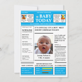 "Det är en pojke! BABY NEWSPAPER Baby-meddelande Inbjudningar