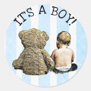 Det är en pojke, Baby och Nalle Stickers Runt Klistermärke