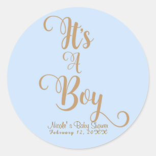 Det är en pojke Baby Shower Blå & Guld Anpassad Fa Runt Klistermärke