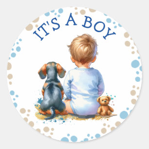 Det är en pojke   Babyskor för baby och Dachshund  Runt Klistermärke