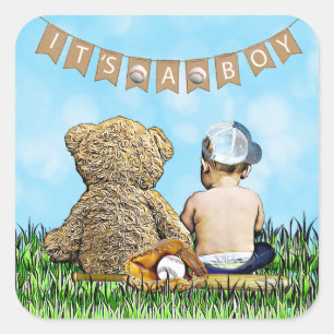 Det är en pojke, Baseball Theter Baby Shower Sälar Fyrkantigt Klistermärke