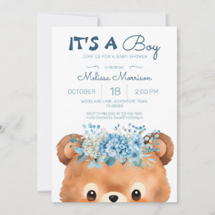 Det är en pojke Bear Blommigt Blue Baby Shower Inbjudningar