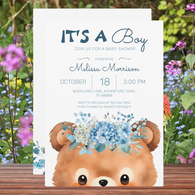 Det är en pojke Bear Blommigt Blue Baby Shower Inbjudningar (It's a boy Bear Floral Blue Baby Shower Invitation)