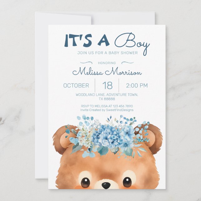 Det är en pojke Bear Blue Baby Shower Inbjudningar (Framsida)