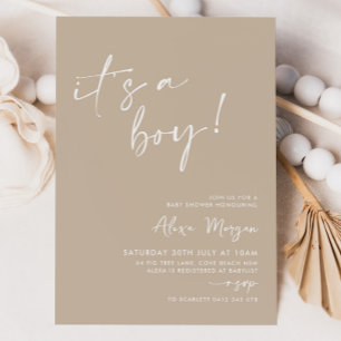 Det är en pojke! Beige Minimum Baby Shower Inbjudningar