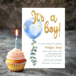 Det är en pojke Blå ballong Baby Shower Guldskrift Inbjudningar