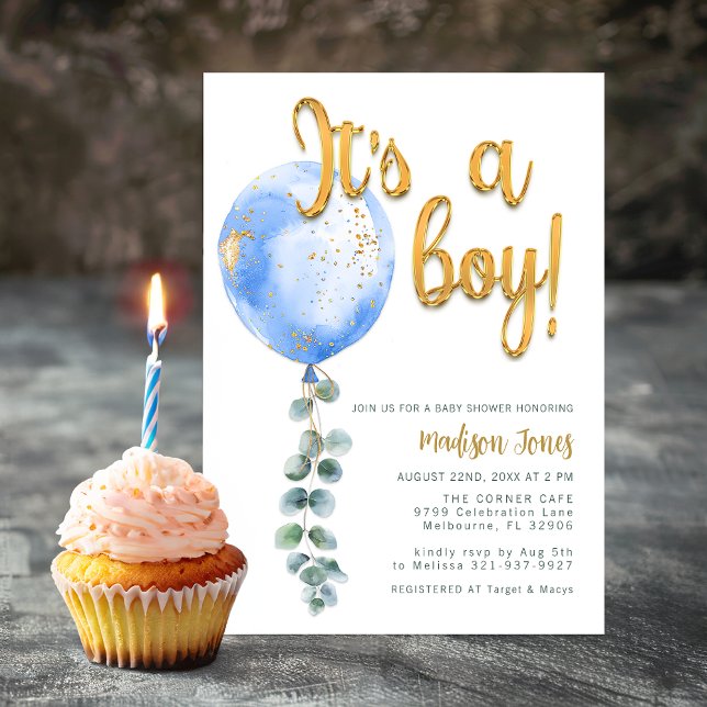 Det är en pojke Blå ballong Baby Shower Guldskrift Inbjudningar (It's a boy invitation)