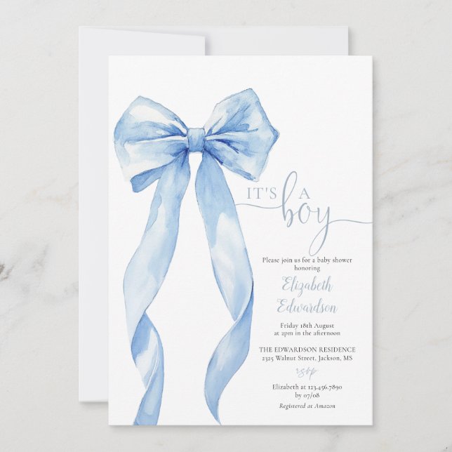 Det är en pojke Blå Bow Baby Shower Allt-i-ett Inbjudningar (Framsida)