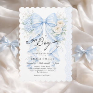 Det är en pojke Blå Bow Floral Baby Shower Inbjudningar