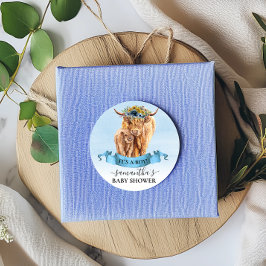  Det är en pojke Blå Highland Cow Kalv Baby Shower Runt Klistermärke