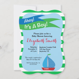 Det är en pojke, blå och grön nautisk baby shower inbjudningar