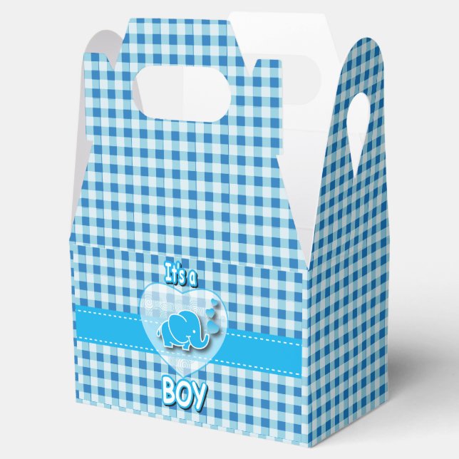Det är en pojke, blå och vit randig med baby elefa presentaskar (Öppnad)