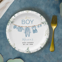 Det är en pojke Blue Boho Clothes Greenery Baby Sh