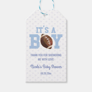Det är en pojke! Blue Football Baby Shower Presentetikett