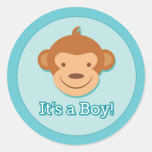 Det är en pojke! - Blue Monkey Stickers - Round Runt Klistermärke