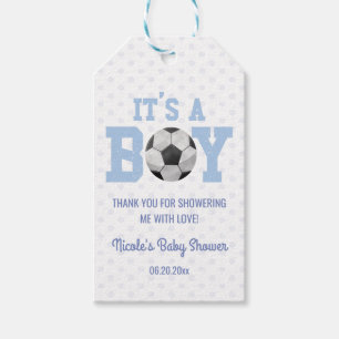Det är en pojke! Blue Soccer Ball Baby Shower Presentetikett