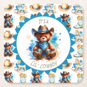 Det är en pojke Cowboy Nalle Boy's Baby Shower Underlägg Papper Kvadrat