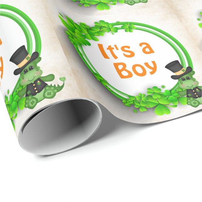 Det är en Pojke Cute Dragon i Klöver Irish Baby Sh Presentpapper (Rullad Hörn)