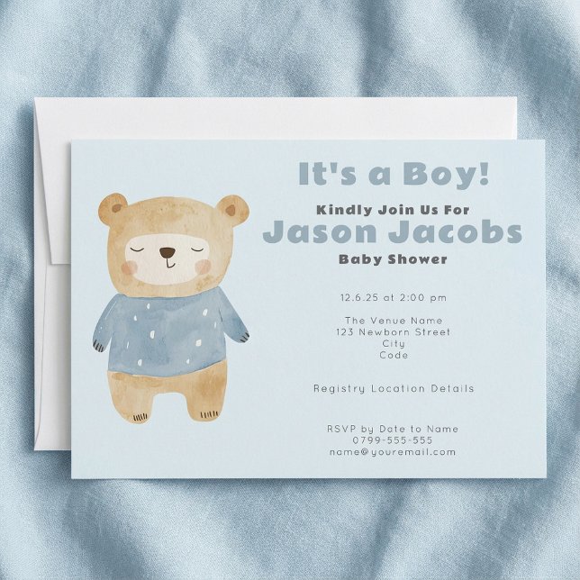 "Det är en pojke", "det är en pojke". Inbjudningar (Adorable blue teddy Bear Baby Shower "it's a boy" Invitation.)