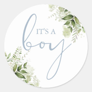 Det är en pojke Dusty Blue Greenery Baby Shower Fa Runt Klistermärke