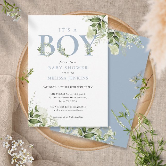 Det är en pojke Dusty Blue Greenery Bokstav Baby S Inbjudningar (Skapare uppladdad)