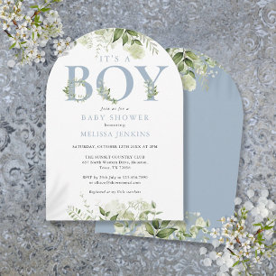 Det är en pojke Dusty Blue Greenery Bokstav Baby S Inbjudningar