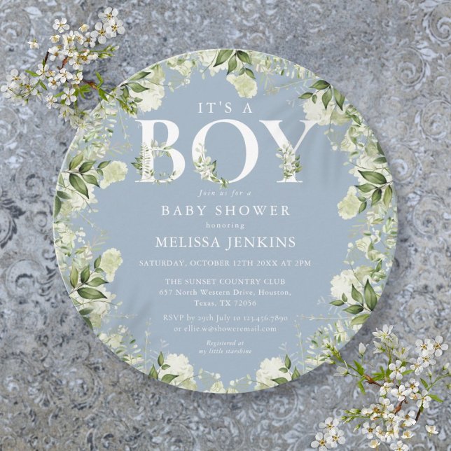 Det är en pojke Dusty Blue Greenery Bokstav Bebis  Inbjudningar (Its A Boy Dusty Blue Greenery Letter Baby Shower Invitation)