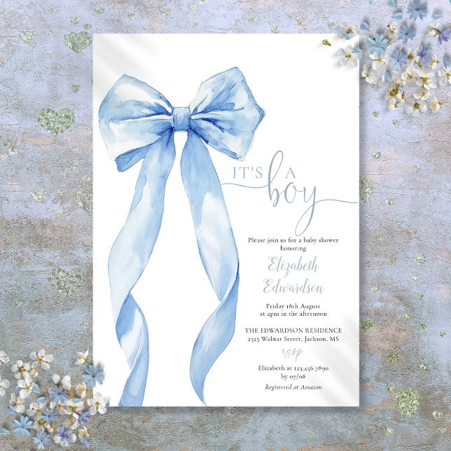 Det är en pojke Elegant blå rosett Baby Shower Inbjudningar (Its A Boy Elegant Blue Bow Baby Shower Invitation)