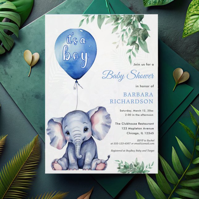 Det är en pojke Elephant Balloon Blue Baby Shower Inbjudningar (Skapare uppladdad)