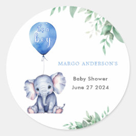 Det är en pojke Elephant Balloon Blue Baby Shower Runt Klistermärke