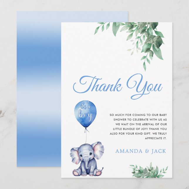 Det är en pojke Elephant Balloon Blue Baby Shower Tack Kort (Fram/baksida)