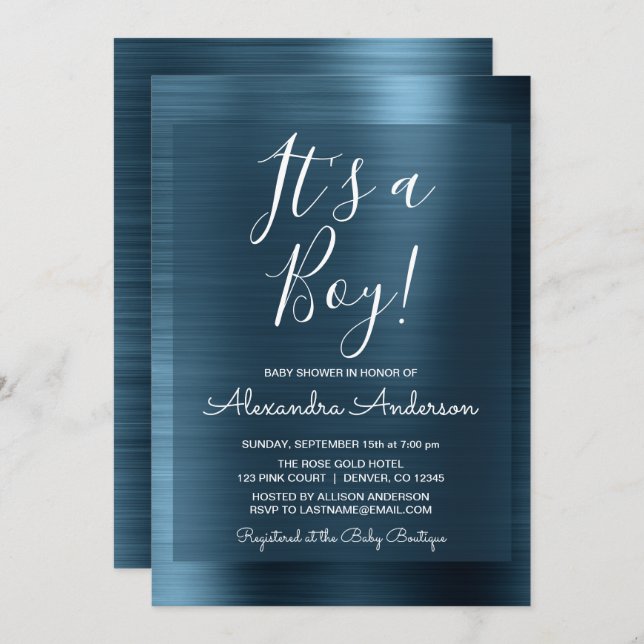 Det är en pojke - en metallisk blått barnskor. inbjudningar (Fram/baksida)