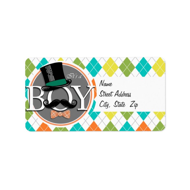 Det är en pojke! Färgfylld argyle Adressetikett (Framsidan)