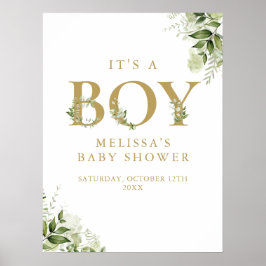 Det är en pojke Greenery Guld Baby Shower Skylt