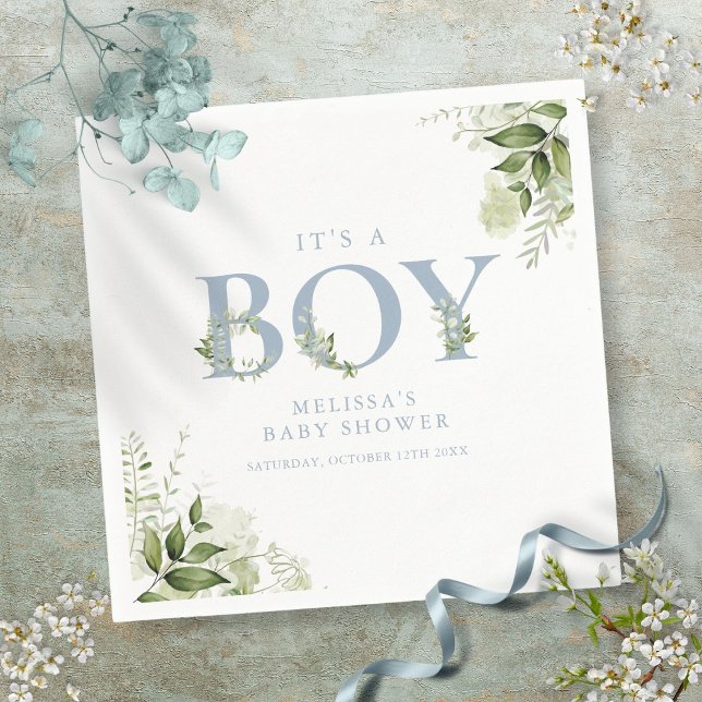 Det är en pojke grönska dammig blå bokstav baby sh pappersservett (Its A Boy Greenery Dusty Blue Letter Baby Shower Napkins)