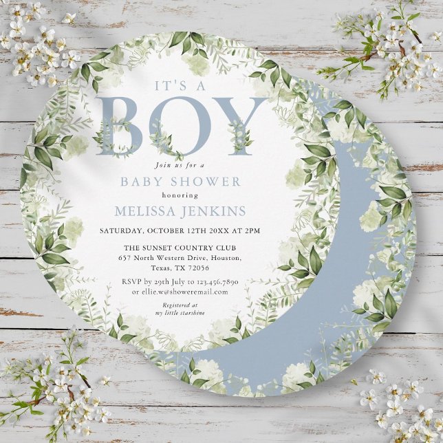 Det är en pojke grönska dammig blå brevbarnvask inbjudningar (Its A Boy Greenery Dusty Blue Letter Baby Shower Invitation)