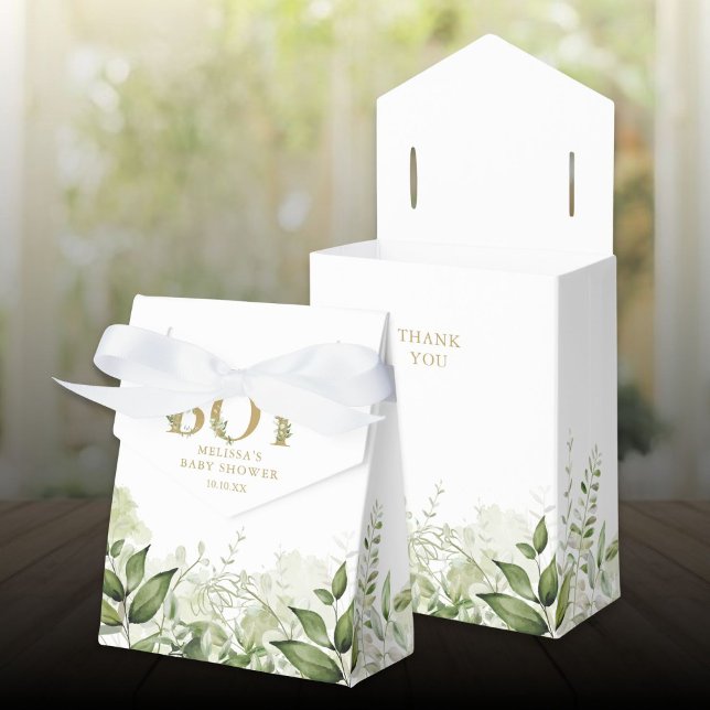 Det är en pojke Grönska Lövverk Guld Bebisdopp Presentaskar (Its A Boy Greenery Foliage Gold Baby Shower Favor Boxes)